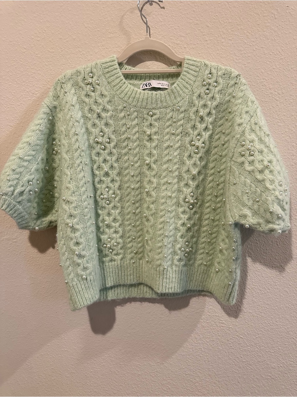 ZARA Light Mint Pearl-Embellished Cable Knit Top